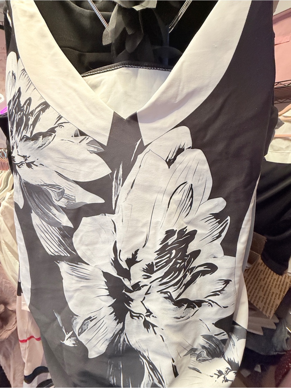 Women’s Black and White Floral V-Neck Top